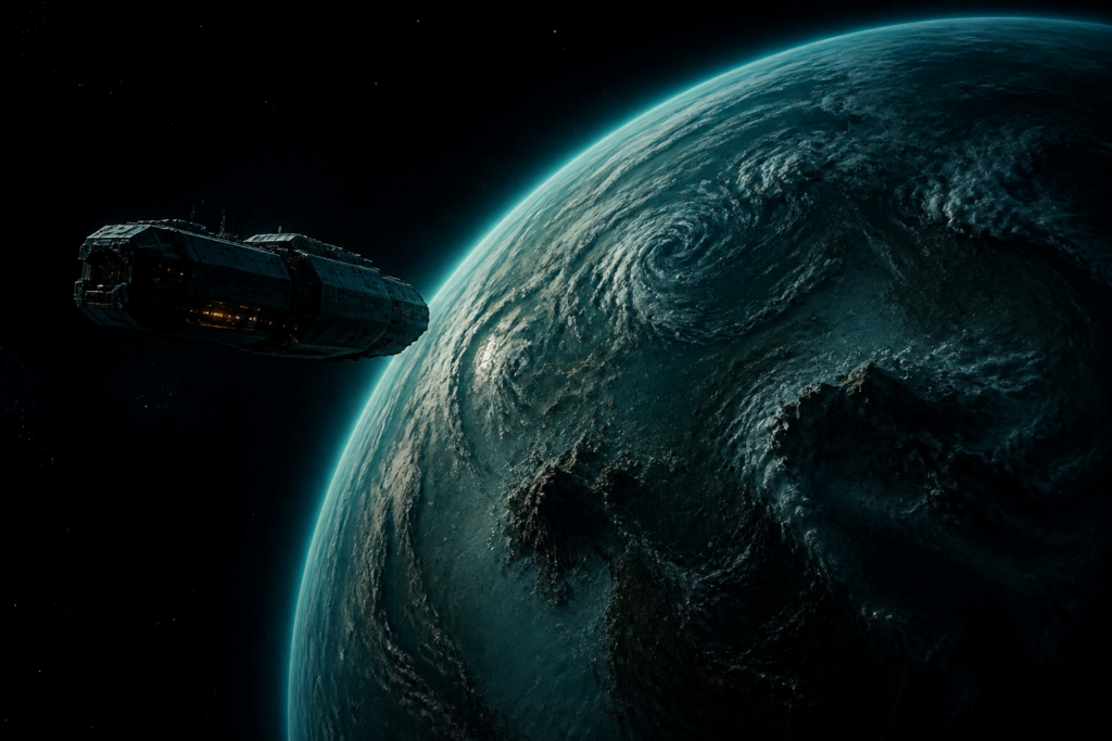 Original illustration of an industrial colony ship approaching a dark blue-green planet