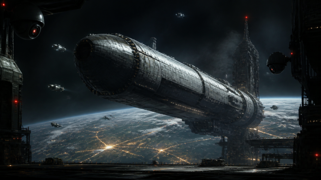 Original illustration of an interstellar colony ship in Earth orbit
